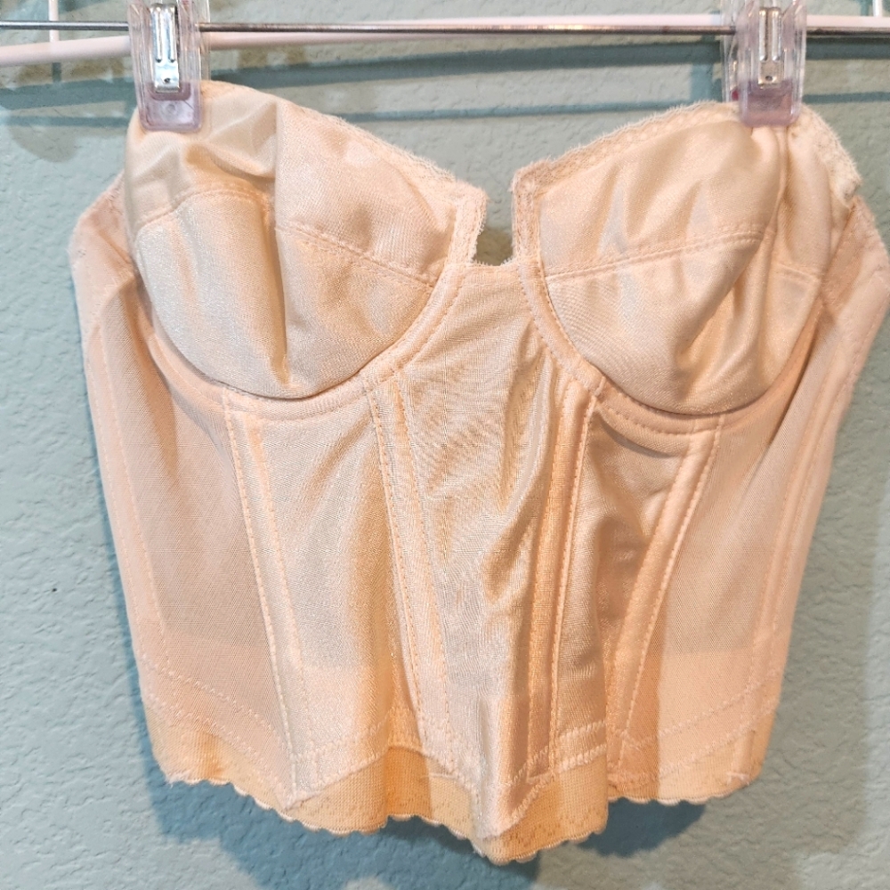 Vintage Backless Bustier Corset 34B Underwire Long Line Bra Shaper Beige Pinup